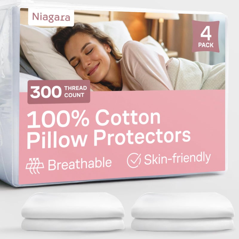 Niagara Sleep Solution 100% Cotton 4-Pack Pillow Protectors with Zipper Queen Size â€“ 100% Resistant to Stains, Dust & Dirt â€“ Washable Covers for Increased Pillow Lifespan - Image 1